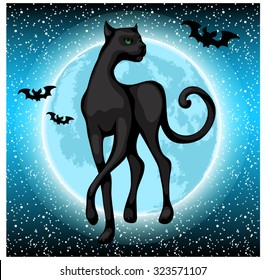 Sketch a square shape with a smoothly moving image of a black cat on full moon background for the poster, invitations or other cards. Vector.