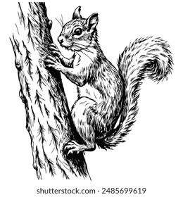 Sketch of a squirrel climbing a tree, front view, on a white background