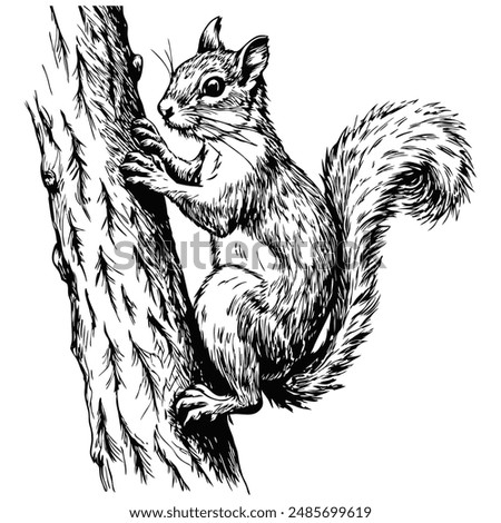 Sketch of a squirrel climbing a tree, front view, on a white background