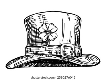 Sketch St. Patrick's Day hat with clover. Hat with buckle on St Patrick's Day. Leprechaun hat. Vector hand drawn illustration