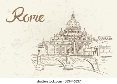 sketch of St. Peter's Basilica in Rome, Italy. Retro style.