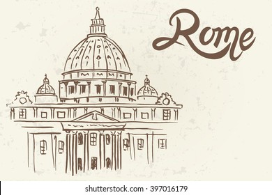 sketch of St. Peter's Basilica in Rome, Italy. Retro style.