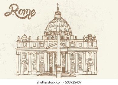 sketch of St. Peter's Basilica in Rome, Italy. Retro style.
