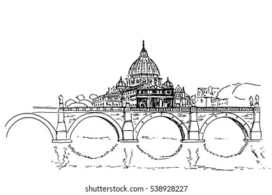 sketch of St. Peter's Basilica in Rome, Italy. Retro style.