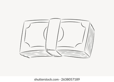 Sketch of a stack of money bills. The money stack is bound with a band. Simple money illustration with clear lines. Money bills in a neat stack. Line art illustration vector.
