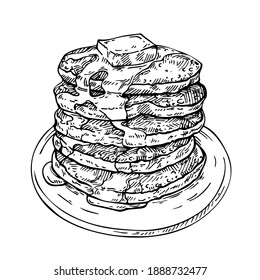 Sketch Stack of Pancakes with Butter and Syrup on plate. Ink illstration on white