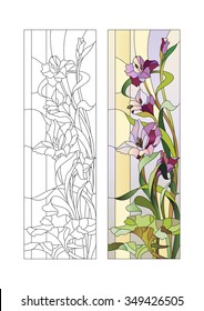 Sketch of stained glass with purple gladioli