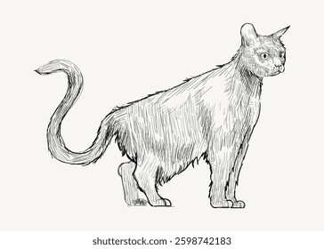 Sketch of a standing cat with a bushy tail. The cat's fur is detailed with fine lines. The cat's alert posture and expressive eyes add character to the sketch. Vintage vector illustration.