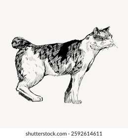 Sketch of a standing cat with a short tail. The cat is facing right, with detailed fur texture. The cat's posture is alert and attentive. Vintage animal illustration vector.