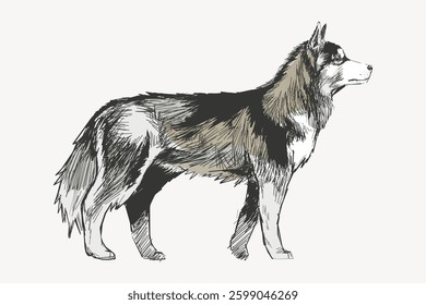 Sketch of a standing husky dog with detailed fur texture. The husky dog is depicted in a side profile, showcasing its distinctive markings and bushy tail. Vintage vector illustration.