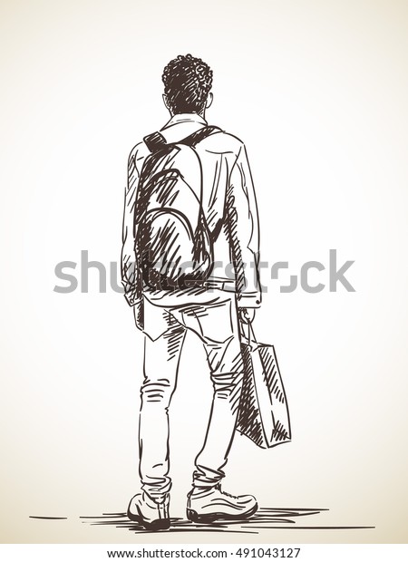 Sketch Standing Man Shopping Bag Hand Stock Vector (Royalty Free) 491043127