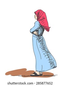 Sketch of standing muslim woman Hand drawn vector illustration