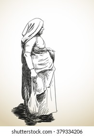 Sketch of standing old woman wrapped in sari, Hand drawn illustration