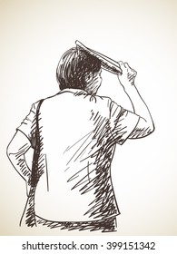 Sketch of standing woman cover her head with a newspaper, Hand drawn illustration