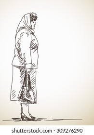 Sketch of standing woman in shawl Hand drawn illustration