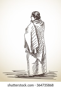 Sketch of standing woman wrapped in shawl, Hand drawn illustration