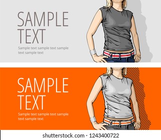 Sketch of standing young woman in two color variation