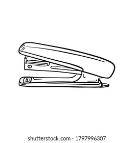 A sketch of the stapler. Stationery, office supplies for paper binding. Engraving style. Digital drawing. Side view. Hand drawn and isolated on white. Black and white vector illustration.