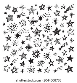 Sketch Stars Collection. Hand Drawn Star, Sky Drawing Comet With Burst. Scribble Space Elements, Isolated Doodle Grunge Tidy Vector Decorations