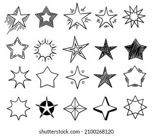 Sketch stars. Cute star shapes, black starburst doodle signs for christmas decoration isolated set.