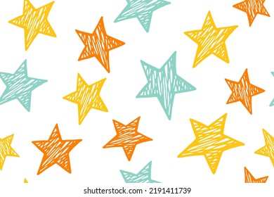 Sketch stars cute vector seamless pattern. Festive background. New Year decoration. Wallpaper print with simple scribble stars. Baby clothes ornament. Blue yellow scribble starry background