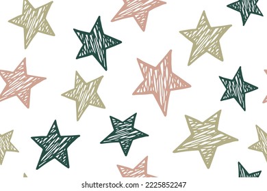 Esbozar estrellas lindo vector patrón sin costura. Fondo infantil. Decoración de Navidad. Impresión de tela con primitivas estrellas de doodle. Divertido ornamento estrellado.