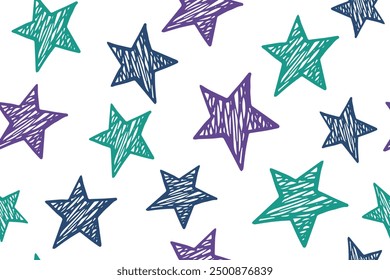 Sketch stars cute vector seamless pattern. Astronomy background. X-mas decoration. Fabric print with primitive doodle stars. Baby clothes ornament.