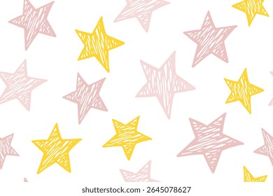 Sketch stars cute vector seamless pattern. Cosmos background. Birthday decoration. Wrapper or textile print with doodle stars. Baby clothes ornament.