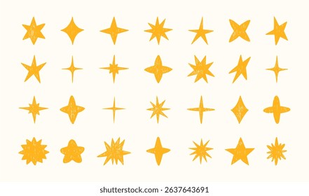 Sketch stars. Hand drawn chalk childlike star icon. Kid crayon doodle texture sparkles and shine elements. Pastel classic, twinkling, sparkling stars for sky. Vector set.