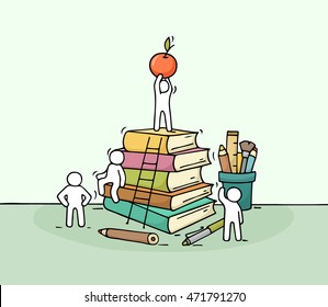 Esboço de papelaria com pessoas pequenas trabalhando. Doodle miniatura bonito de pilha de livros. Ilustração vetorial desenhada à mão para design de negócios e educação.