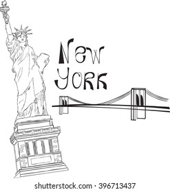 sketch of Statue of Liberty in the background of Brooklyn Bridge. EPS10