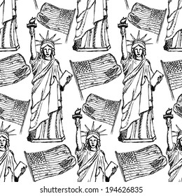 Sketch Statue of Liberty and flag, vector vintage seamless pattern