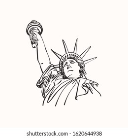 Sketch of Statue of Liberty New York City USA, Head with hand raised up, Hand drawn vector linear illustration