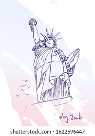 Sketch of Statue of Liberty New York City USA and seagulls flying near, Hand drawn vector linear illustration