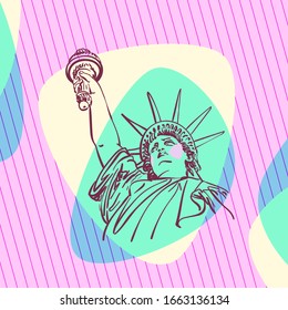 Sketch of Statue of Liberty New York City USA, Head with hand raised up on aqua menthe and pink color abstract streamlined shapes on striped square background. Hand drawn vector illustration