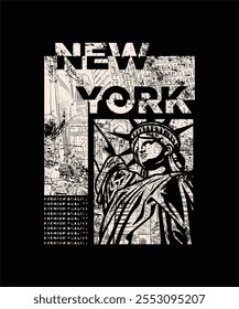 Sketch of the Statue of Liberty with New York City skyline in the background. Hand-drawn style highlighting iconic landmarks, blending history and urban charm for travel or architectural themes.