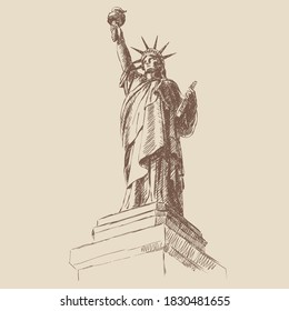 Sketch of the Statue of Liberty on a beige background, New York, USA. American national symbol. Woman with torch and book in hand. Vintage brown and beige card, hand-drawn. Old design.