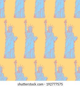 Sketch statue of liberty, vector vintage seamless pattern