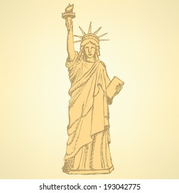 Sketch statue of liberty, vector vintage background