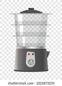 Sketch of steamer multicolored vector illustration of kitchen instrument with black and red buttons, three glass pans isolated on squared backdrop