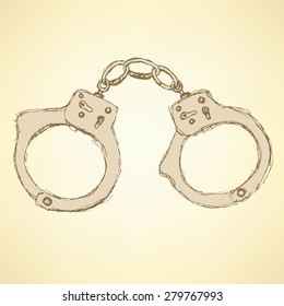 Sketch Steel Handcuffs In Vintage Style, Vector