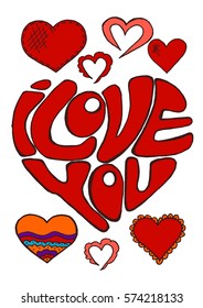 Sketch, stickers, pins. Doodle elements. Heart. Hand drawing. Love, feelings. St. Valentine's Day. Lettering. I love you