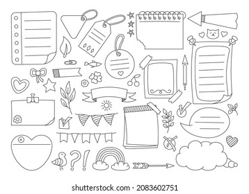Sketch sticky notebook note paper doodle set. Notes with elements planning, speech bubble frame. Blank graphic notepad or label tag. Organized business or education planner, bookmark memory diary page