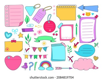 Sketch sticky notebook note paper doodle set. Notes with elements planning, speech bubble frame, rainbow. Blank graphic notepad or label tag. Organized education planner, bookmark memory diary page