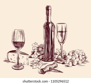 Sketch of a still life with grape wine