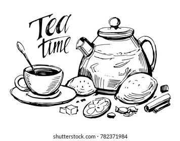 Sketch of still life with tea. Hand drawn illustration converted to vector