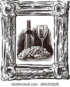 Sketch of still-life with grape wine in decorative picture frame