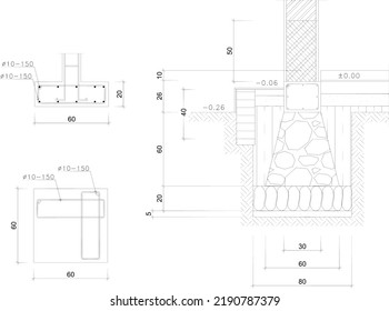 sketch stone foundation   concrete footing and notation   dimensions