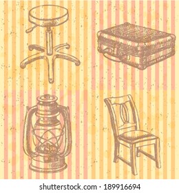 Sketch stool, suitcase, kerosene lamp and chair, vector vintage set