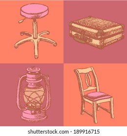 Sketch stool, suitcase, kerosene lamp and chair, vector vintage set